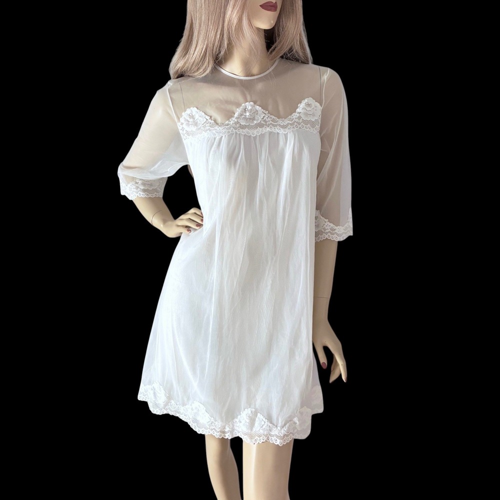 Vintage 60s White Chiffon Bridal Mini Nightie Small Romantic Sheer Lace Trim